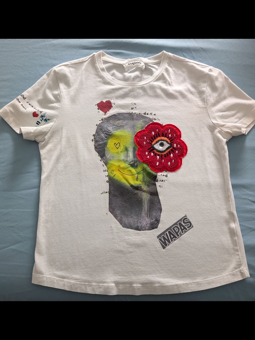 Desigual White Graphic Tee with Red Flower and Yellow Accent